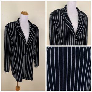 VIKKI VI Black White Striped Collared Textured Slinky Fabric Button Jacket Shirt